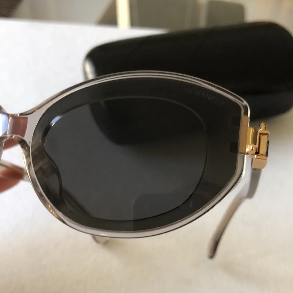 Chanel Gray Oval Sunglasses with CC lock on handles & Quilted Case